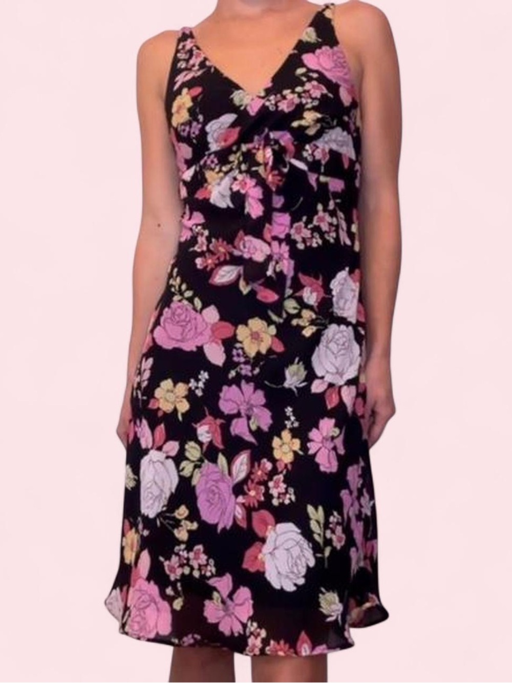 Vintage Black Floral Tie Front Midi Dress